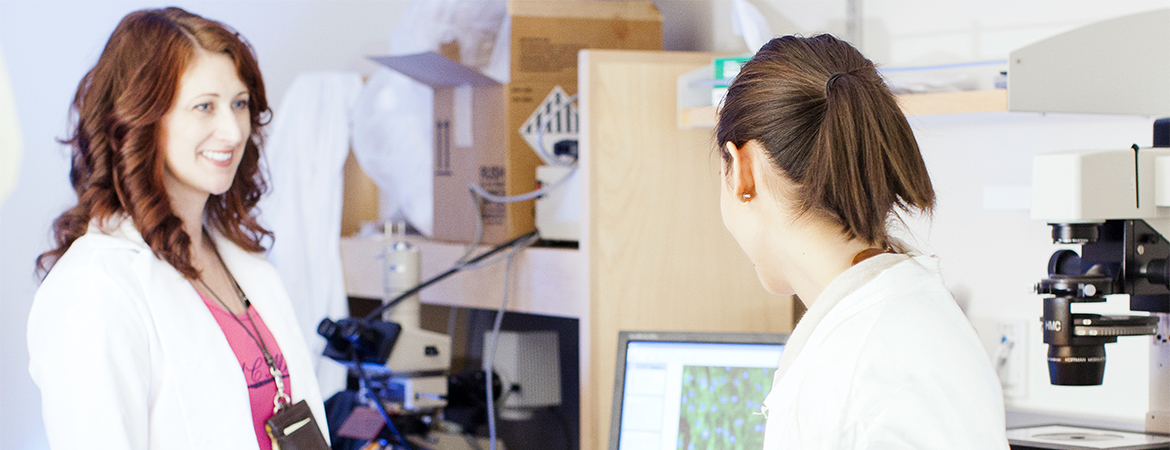Professor Kara McCloskey looking at images of stained cells with graduate student Rachel Hatano.